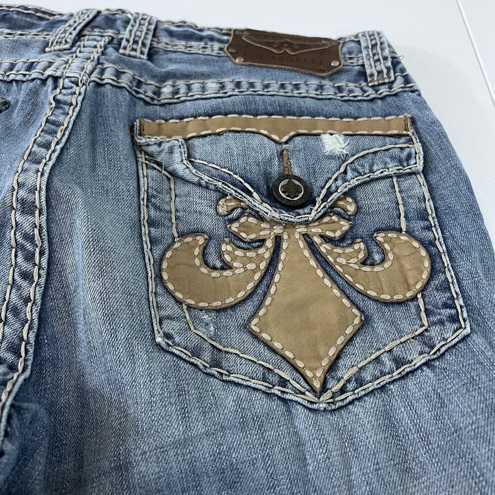 Affliction Mens Jeans Cooper 32 Long Relaxed Boot Cross Patches Blue Wash Y2K LA - Picture 8 of 14